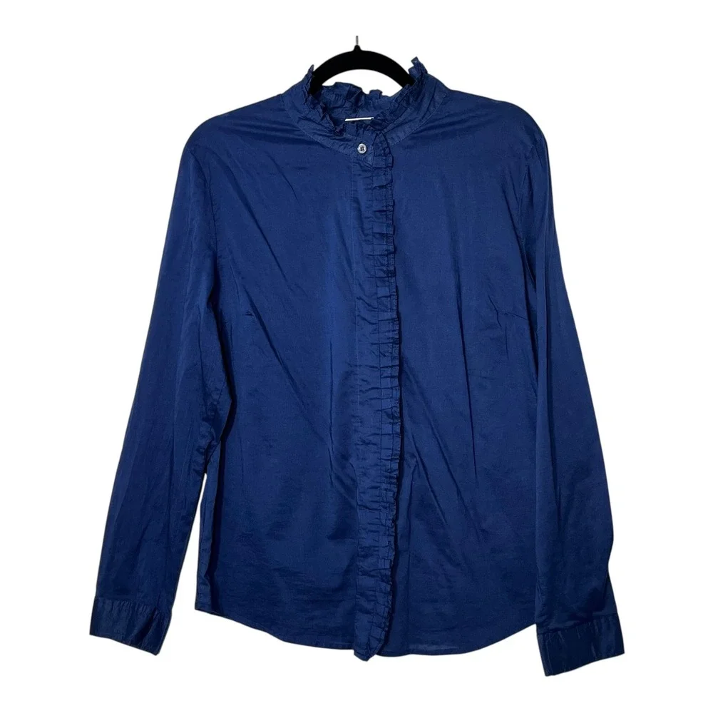 New York & Company Navy Blue Ruffle Front Cotton Blouse XL Long Sleeve Top